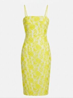 FLORAL LACE MIDI DRESS YELLOW SPAGHETTI STRAP BACK ZIPPER SLIT SZ XS